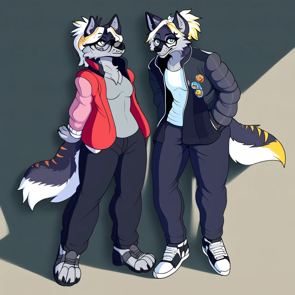 Solo, shaggy, furry male, juvenile, full body fur, gray-blue fur, white fur, gray-blue sweatshirt, gray-black trousers, black hair, black glasses, blue eyes, small canine, fluffy blue tail, male, serious, short hair, reference sheet