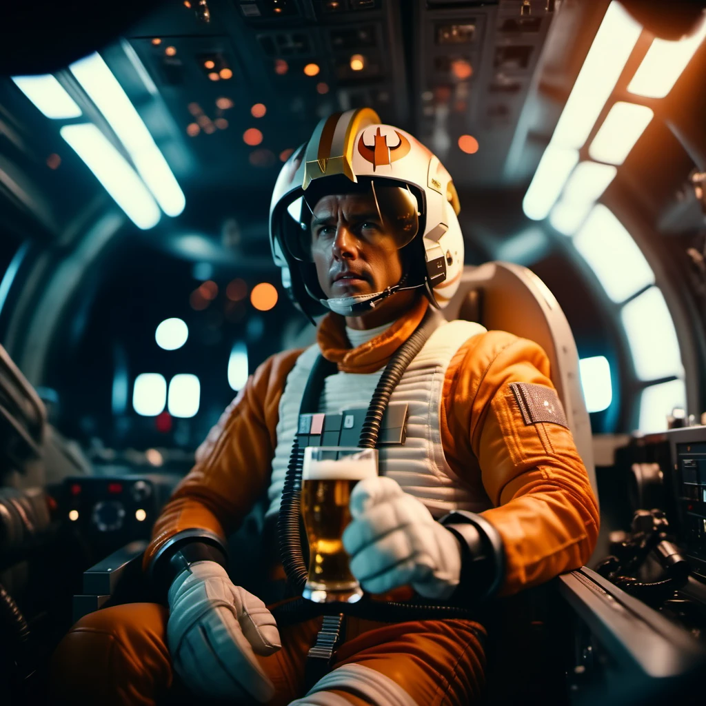 cinematic photo tom cruise wears helmet, gloves, orange and white spacesuit, having a beer and smocking cigar in cockpit, in space  <lora:StarWars1024:0.8> . 35mm photograph, film, bokeh, professional, 4k, highly detailed