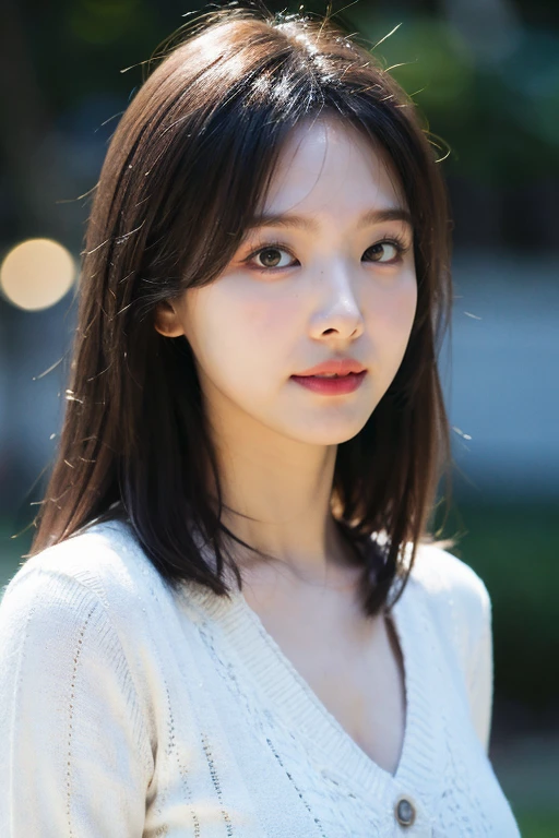 masterpiece, best quality, ultra-detailed, ultra high res, (photorealistic:1.4), raw photo, (realistic:0.2), 8k HDR, realistic night lighting, 1girl, solo,  asymmetrical hair, outdoors, bokeh, (detailed lips), (detailed pores), (detailed skin textures), (detailed face:1.2), (upper body:1.3), cardigans, standing,