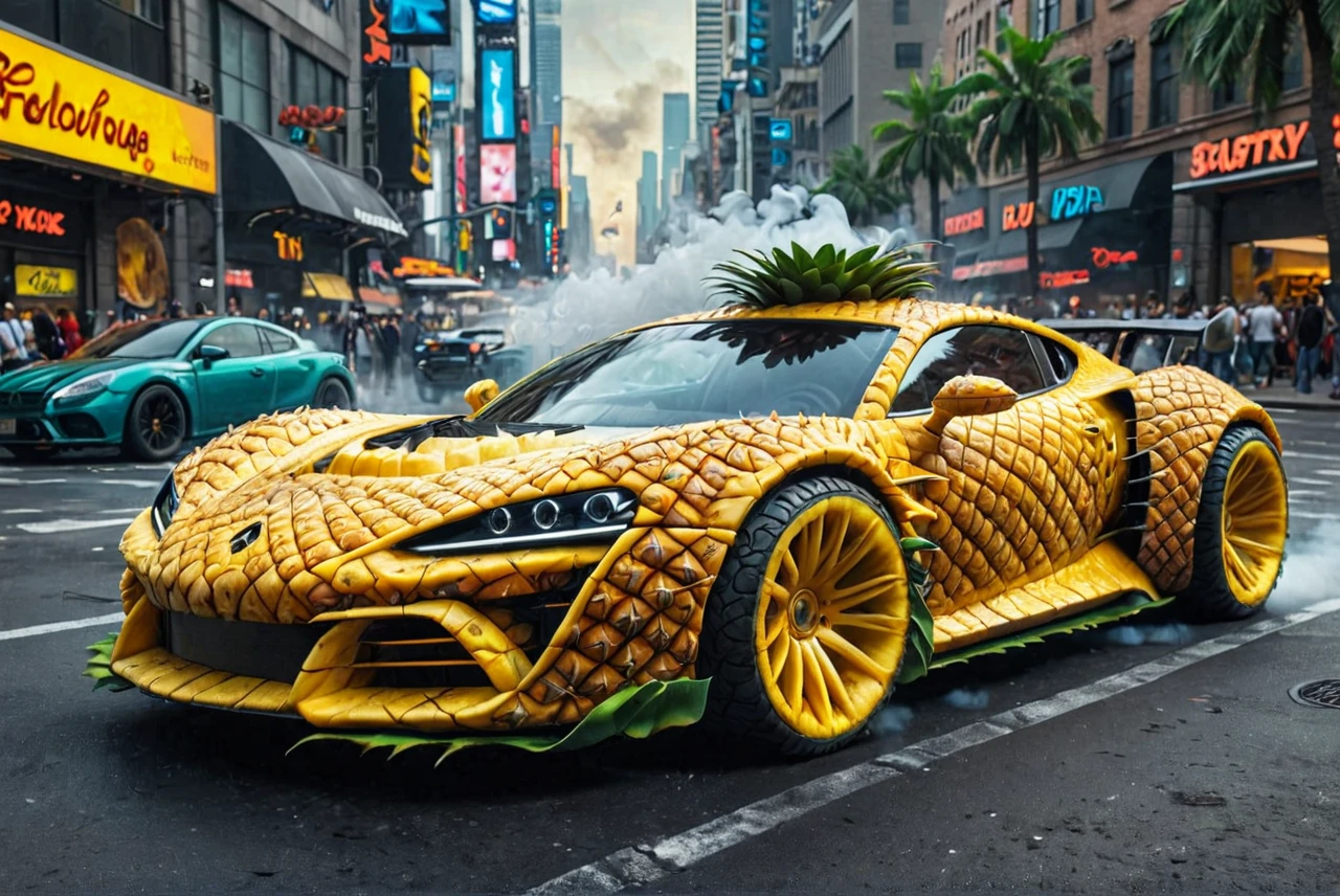 crazy cyberpunk hyper car made out of pineapple, widebody, (lights on:1.4), (fine tire smoke:2), dynamic picture, time square background, hyperdetailed photography, masterpiece, best quality, high quality, highres, ultra-detailed, best quality, 8K, high resolution, extreme detail, outstanding composition:1.4,   <lora:PineappleMorph-SDXL-V0.1:1>