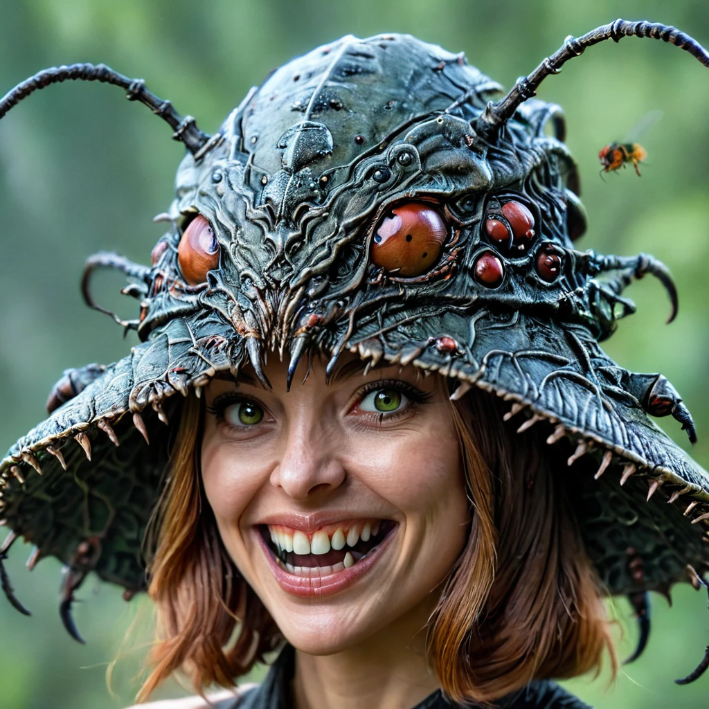 monsterworld, masterpiece,high resolution,detail,
1woman,solo, open mouth, smile, portrait, :d, looking at viewer,insect hat
 <lora:monster_world-xl-10:0.8>