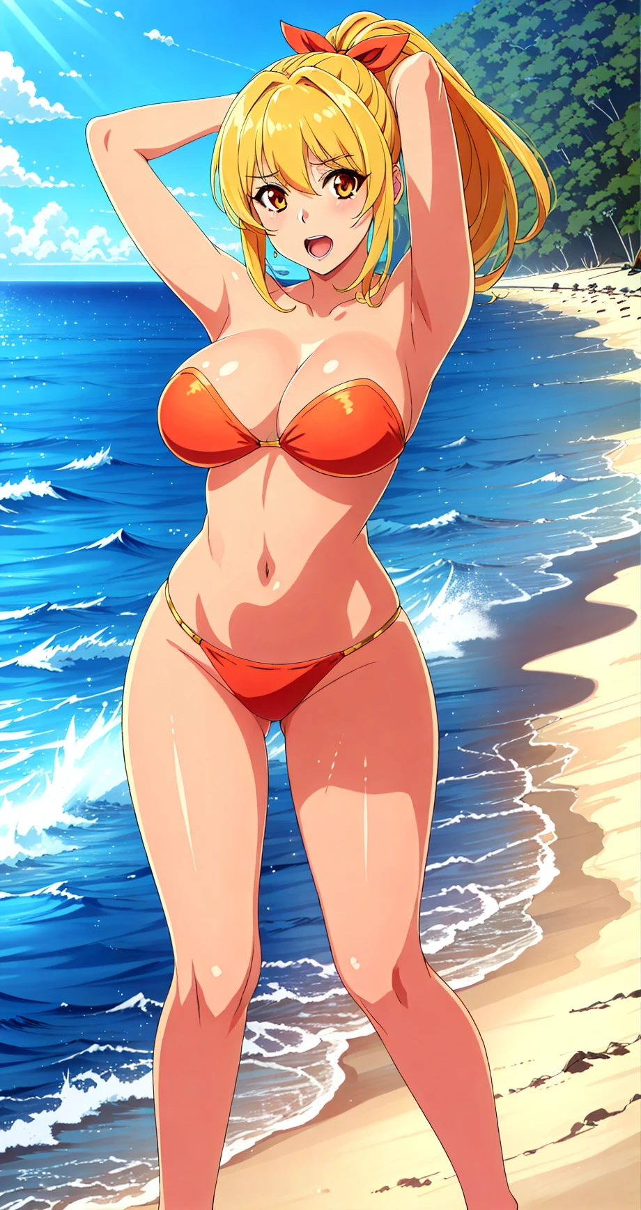 extremely detailed CG, unity 8k wallpaper, high resolution, master piece, high quality, ultra-detailed, ultra detailed beach landscape,
feet out of frame, thigh focus, anime screencap, flat color, beautiful detailed eyes, beautiful detailed face, ultra detailed eyes, perfect hands,
perfect anatomy, ideal ratio body proportions, hourglass body shape, gleaming skin, large breasts, have nothing, arms behind head,
1milf, 30 years old, solo, marinchan, orgasm, in heat, orange eyes, blonde hair, gradient hair, middle hair, ponytail, makeup, pink nail, red ribbon, strapless orange bikini,
<lora:add_detail:-0.3> <lora:marinchan:0.5> <lora:hourglassv01:0.3> <lora:last:0.3> <lora:Rio_SBJ:0.3> <lora:boldline:-1.0>