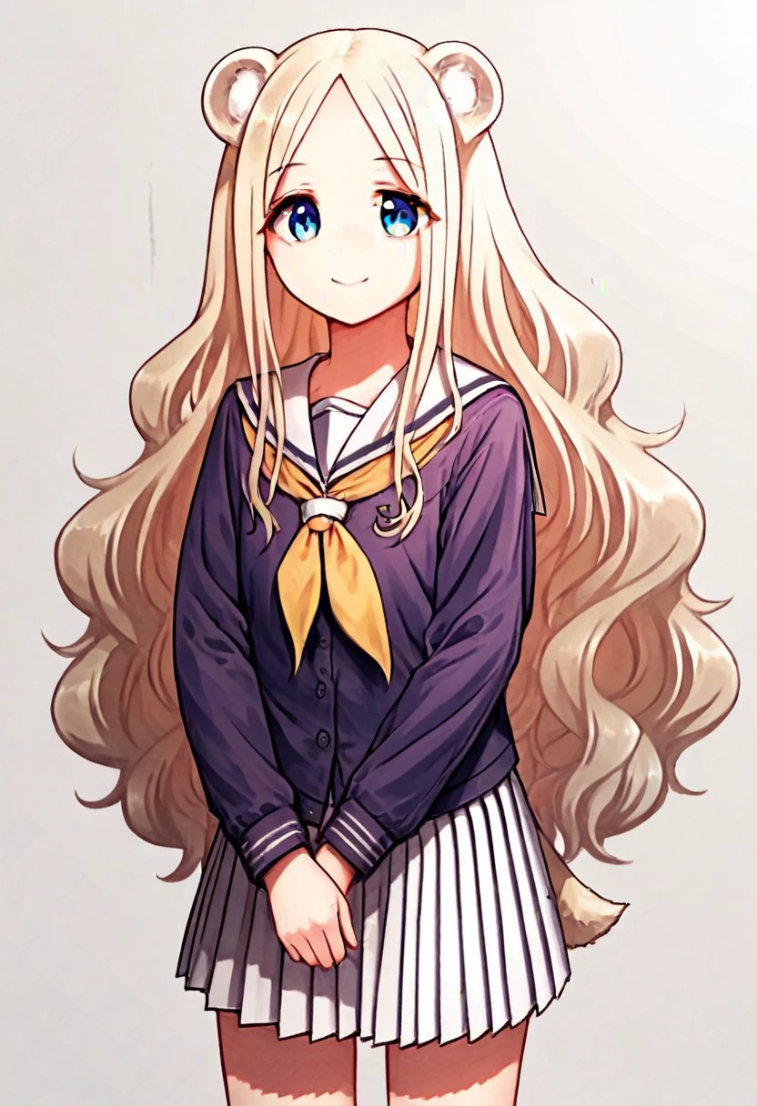 core_9, Score_8_up, Score_7_up, 1girl, alone, Hoji-hoji, long hair, pale blonde hair, curly hair, animal ears(bear), fluff on the ears, (light blue eyes:1.1), skirt, school uniform, pleated skirt, serafuku, white skirt, shirt, purple shirt, sailor collar, white sailor collar, long sleeves, handkerchief, yellow handkerchief, (standing; 1.2), smile, alone