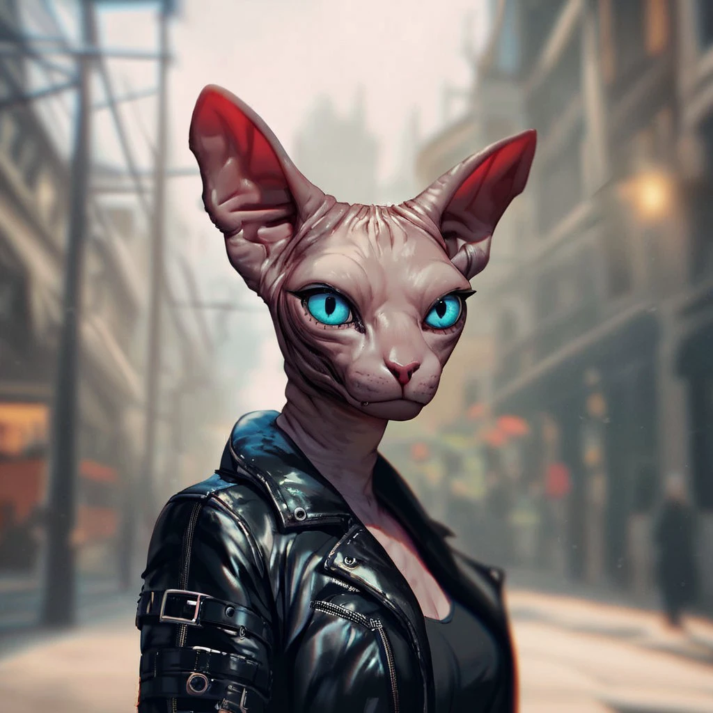 (((beautiful, detailed, high quality))), upper Body, score_9, score_8_up, score_7_up, 
tabaxi, tabaxi sphynx,
1girl, blue eyes, black leather jacket, black top,
looking at the viewer, posing, blurred background, blurred fantasy background,