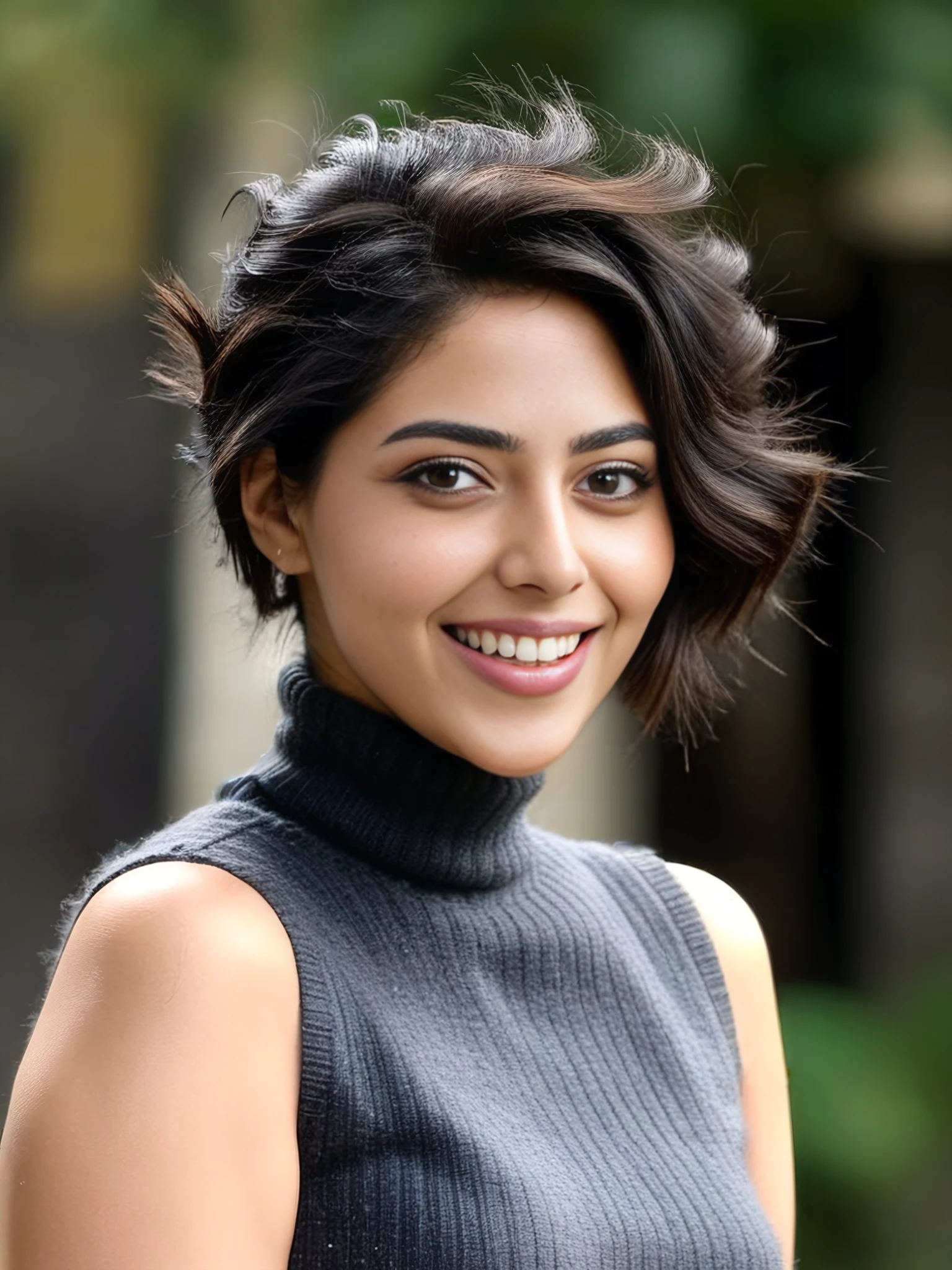 upper body photo of Aishwarya Lekshmi woman, solo, messy hair cut, laughing, looking at the camera,  Charcoal sleeveless turtleneck, , contrasting background bokeh,   <lora:Aishwarya_Lekshmi_SDXL_LoRA_prodigy_local_xformers_HNE:1>