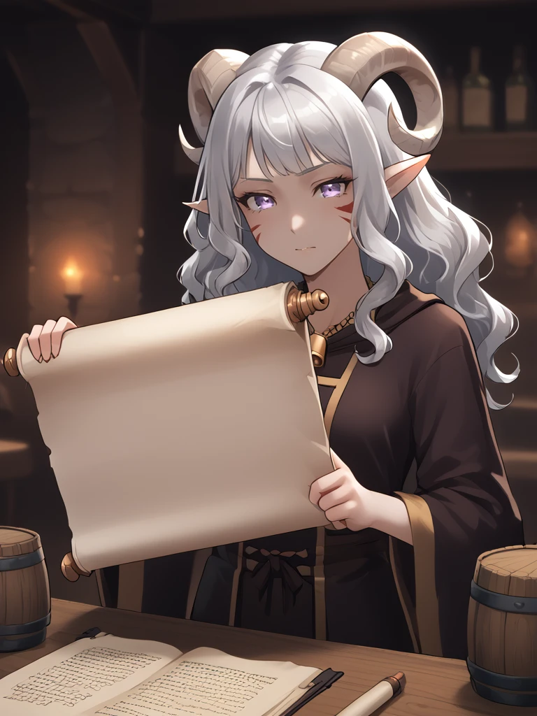 source_furry, score_7_up, rating_safe, source_anime, anime face, <lora:whisker_markings:0.8>red whisker_markings, silver long wavy hair,  bell necklace, short pointy ears, purple eyes, <lora:age_slider_v4:0.6>
 <lora:Test_Diana:0.8> tiefling_bard_diana:1.2, solo , outstretched arms, looking at scroll,
scroll, holding scroll, tavern, table, 
<lora:Opened_Scroll:0.8>
<lora:Smooth Style 2 SDXL_LoRA_Pony Diffusion V6 XL:0.4>  <lora:INKxXmo shaded face:0.3> Shaded FaceINKxXmo Dark Theme,