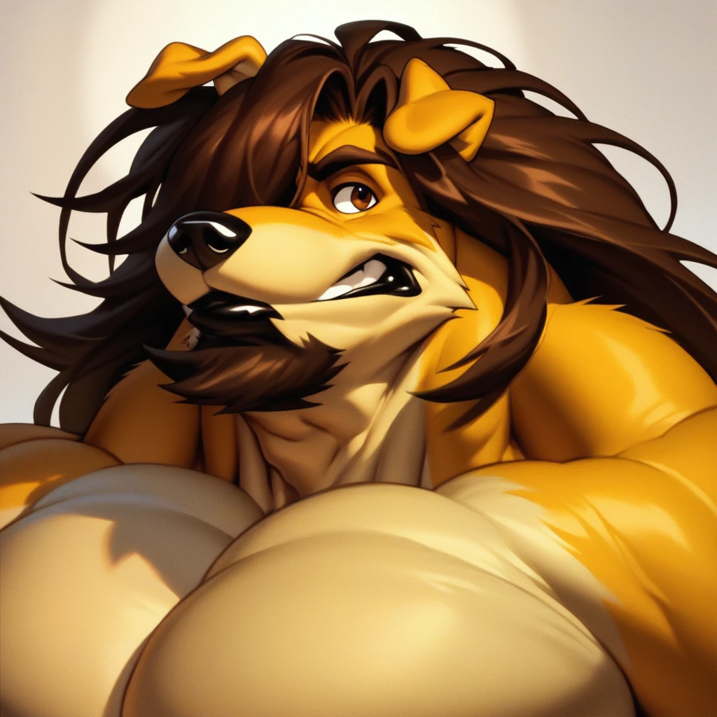 score_9, score_8_up, score_7_up, score_6_up, score_5_up, score_4_up, Hunter, Road Rovers, Dog, Anthro Dog, Anthro Male, furry male, Solo, Yellow Fur, Brown Eyes, Black Nose, folded ears, muscular male ((Long hair, brown hair, goatee, hair covering one eye, strong jawline, big chin, black lip, canine lip, huge lip, hyper muscle))