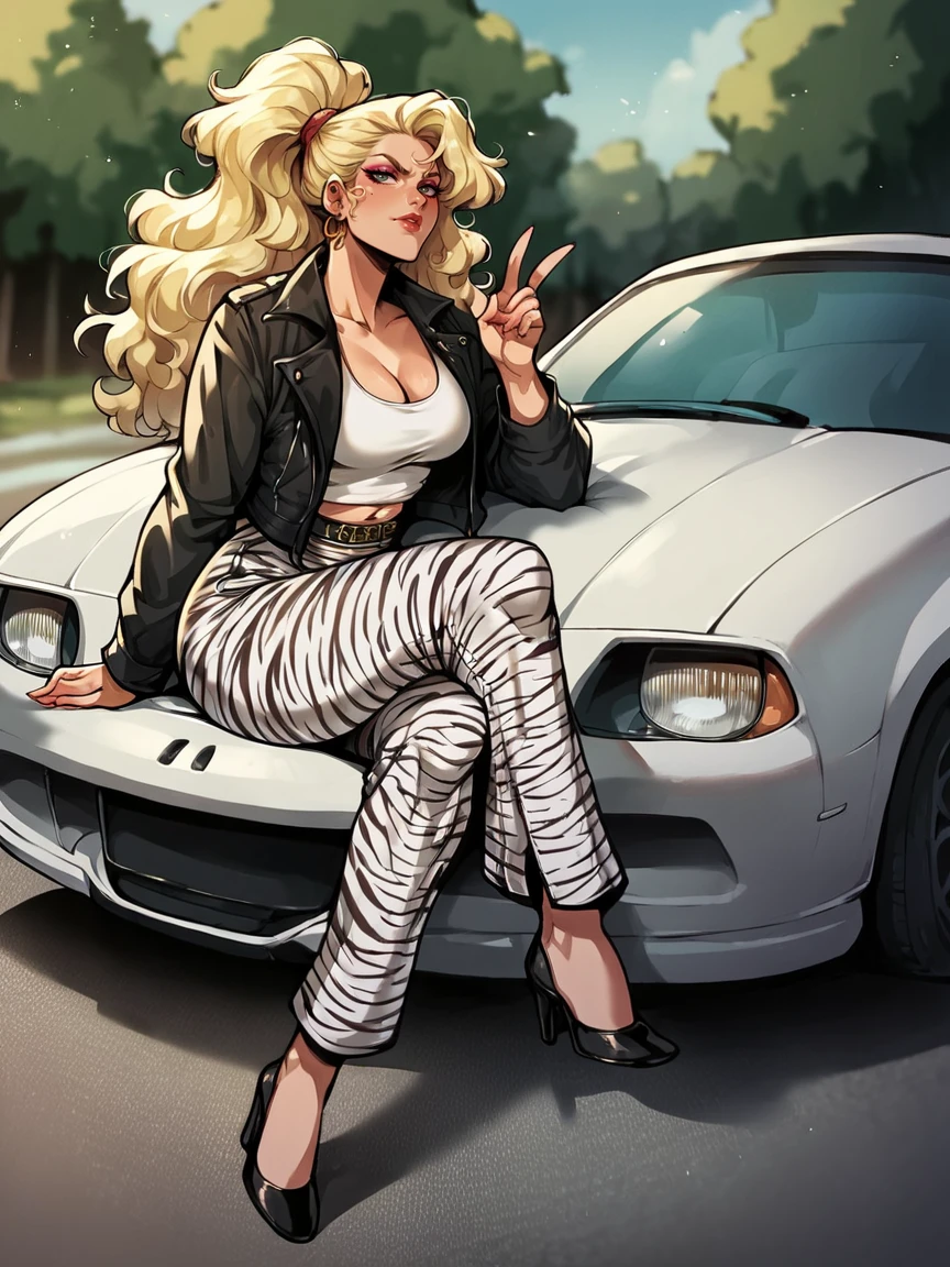 score_9, score_8_up, score_7_up, score_6_up, score_5_up, cleavage, makeup, sports car, jacket, zebra print pants, crossed legs,  <lora:v1nv1xXLP:0.8> v1nv1x, 1girl, blonde hair, high ponytail, high heels