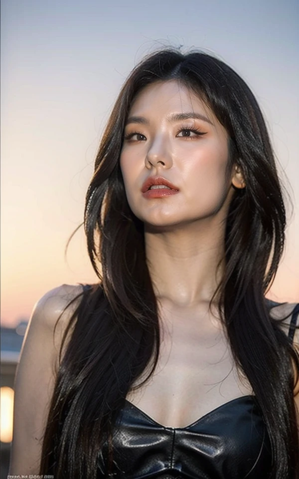 <lora:Yeji_V1:1> Yâ¬j!,, (realistic), (hyperrealism), (photorealistic:1.4), 1girl, looking at the viewer, eye makeup, detailed eyes, detailed face, (upper body:1.2), detailed background, black dress, walking at the streets, sunset, (windy:1.2)