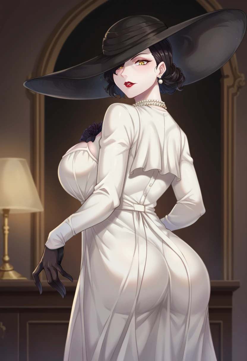 score_9,score_8_up,score_7_up BREAK <lora:Alcina:0.9>,AlcinadimitrescuSDXL,1girl,short hair,large breasts,black hair,gloves,hat,dress,jewelry,yellow eyes,flower,earrings,black gloves,necklace,white dress,makeup,lipstick,pale skin,sun hat,long dress,red lips,pearl necklace,black flower,black rose,tall female,hat over one eye,cowboy shot,room,room background,from behind, looking back, ass focus,