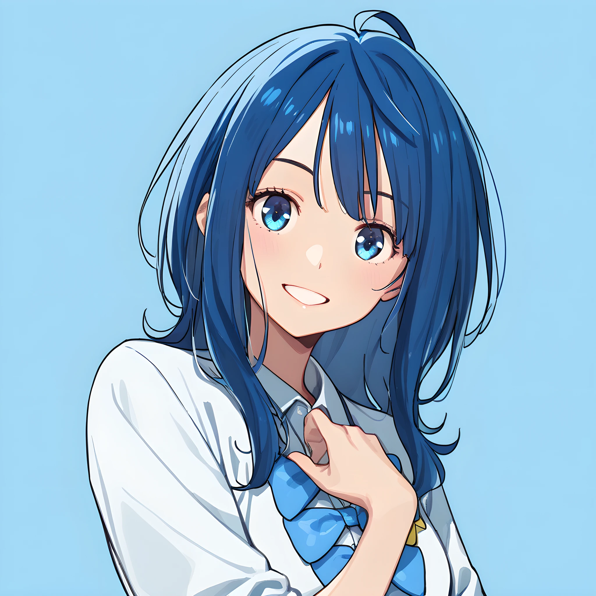 anna_yanami, 1girl, solo, blue eyes, smile, bow, upper body, blue hair, shirt, looking at viewer, ahoge, simple background, blue bow, bangs, white shirt, collared shirt <lora:XL-AnnaYanami:1>