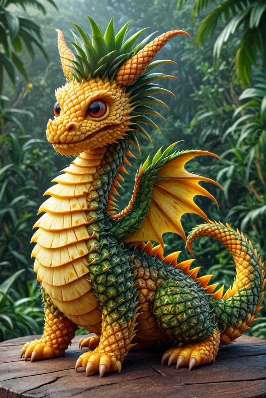 a cartoon dragon, cute.,
photography, Natural geographic photo, Hyper-realistic, 16k resolution, (masterpiece, award winning artwork), many details, extreme detailed, full of details, Wide range of colors, high Dynamic,
 <lora:PineappleMorph-SDXL-V0.1:1> pineapple