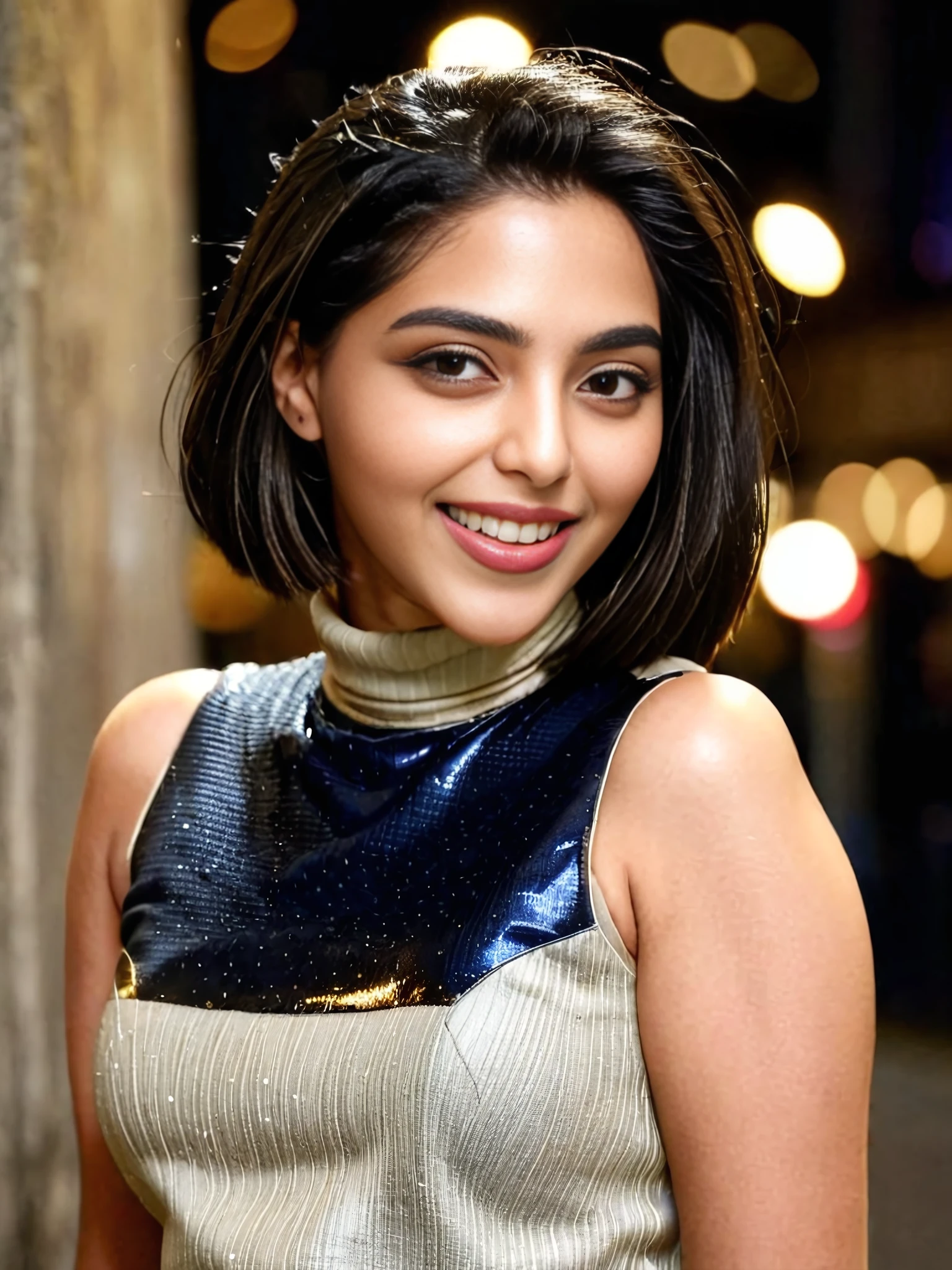 full body photo of Aishwarya Lekshmi woman, solo, bob hair cut, laughing, looking at the camera,  Gold sleeveless turtleneck, night time, contrasting background bokeh,   <lora:Aishwarya_Lekshmi_SDXL_LoRA_prodigy_local_xformers_HNE:1>