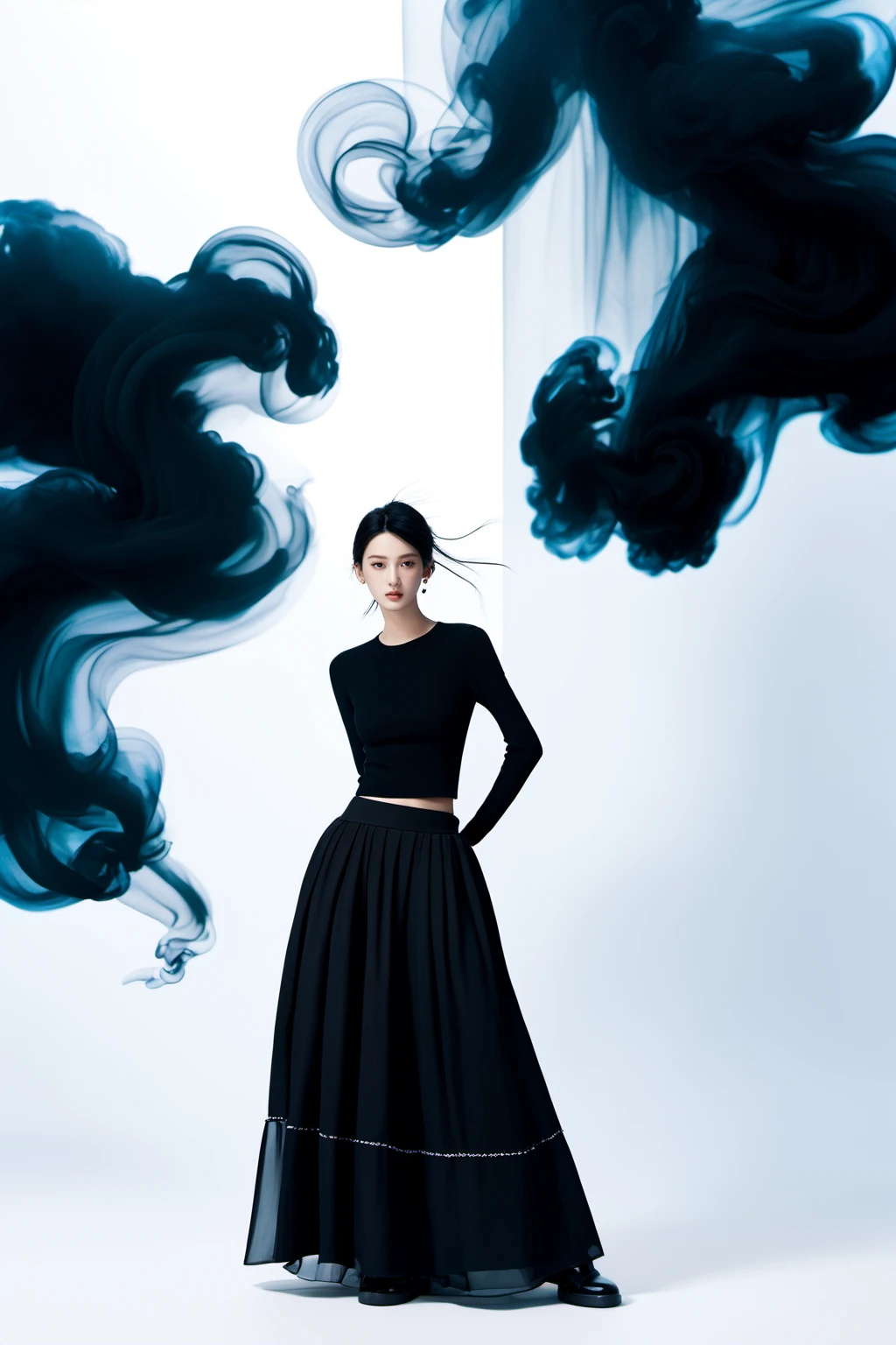 realistic,reality,moying,1girl,solo,looking at viewer,skirt,black hair,hair ornament,long sleeves,white background,dress,standing,full body,black skirt,black shirt,black footwear,black dress,long skirt,((black fabric smoke)), <lora:JAY - MOYING -  MAÌ£ÌC ANH XL:0.8>, (best quality:1.3)