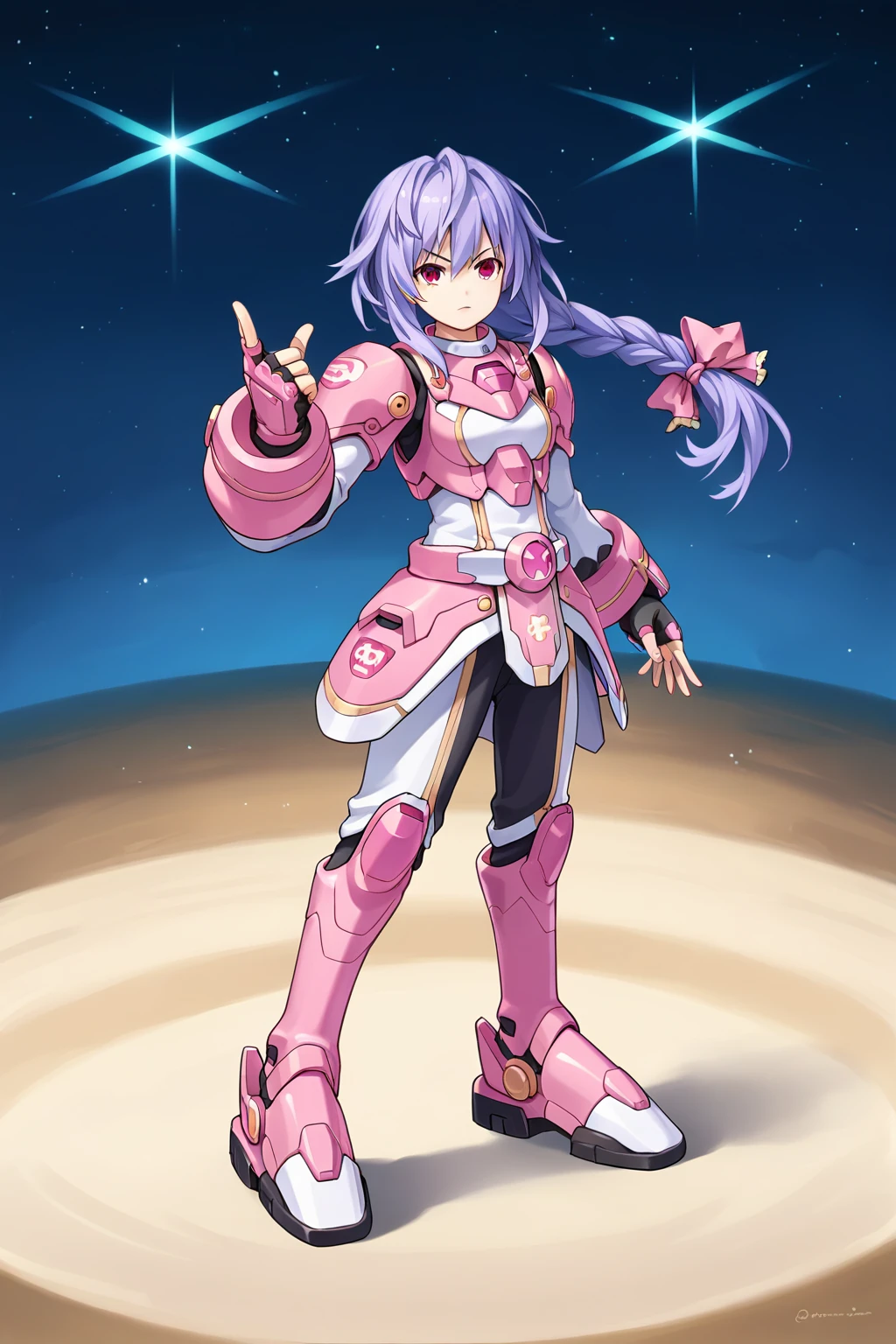 score_9, score_8_up, score_7_up, score_6_up, score_5_up, score_4_up, source_anime, rating_safe, 1girl, plutia, battle armor, mecha musume, space, galaxy, fighting pose