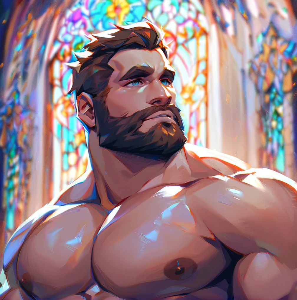 1 Male,Brown hair,strong,bust,<lora:maleface_v2-000006:1>,AAAMANAAA,Facial hair,short beard,male focus,facial hair,beard,muscular,bara,score_9,score_6_up,score_7_up,Facing to audience,The background is a magnificent church,Oil Painting,