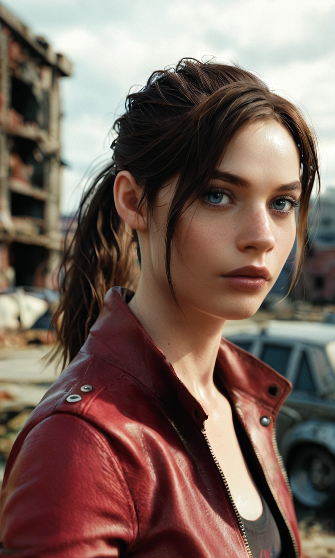 score_9, score_8_up, score_7_up, BREAK, zy_claireredfield, 1girl, brown hair, blue eyes, ponytail, red jacket, portrait, realistic, photo, real hair, detailed skin, abandoned building, highly detailed, detailed skin, depth of field, film grain, <lora:zy_Claire_Redfield_PonyRealism_v1:0.7>