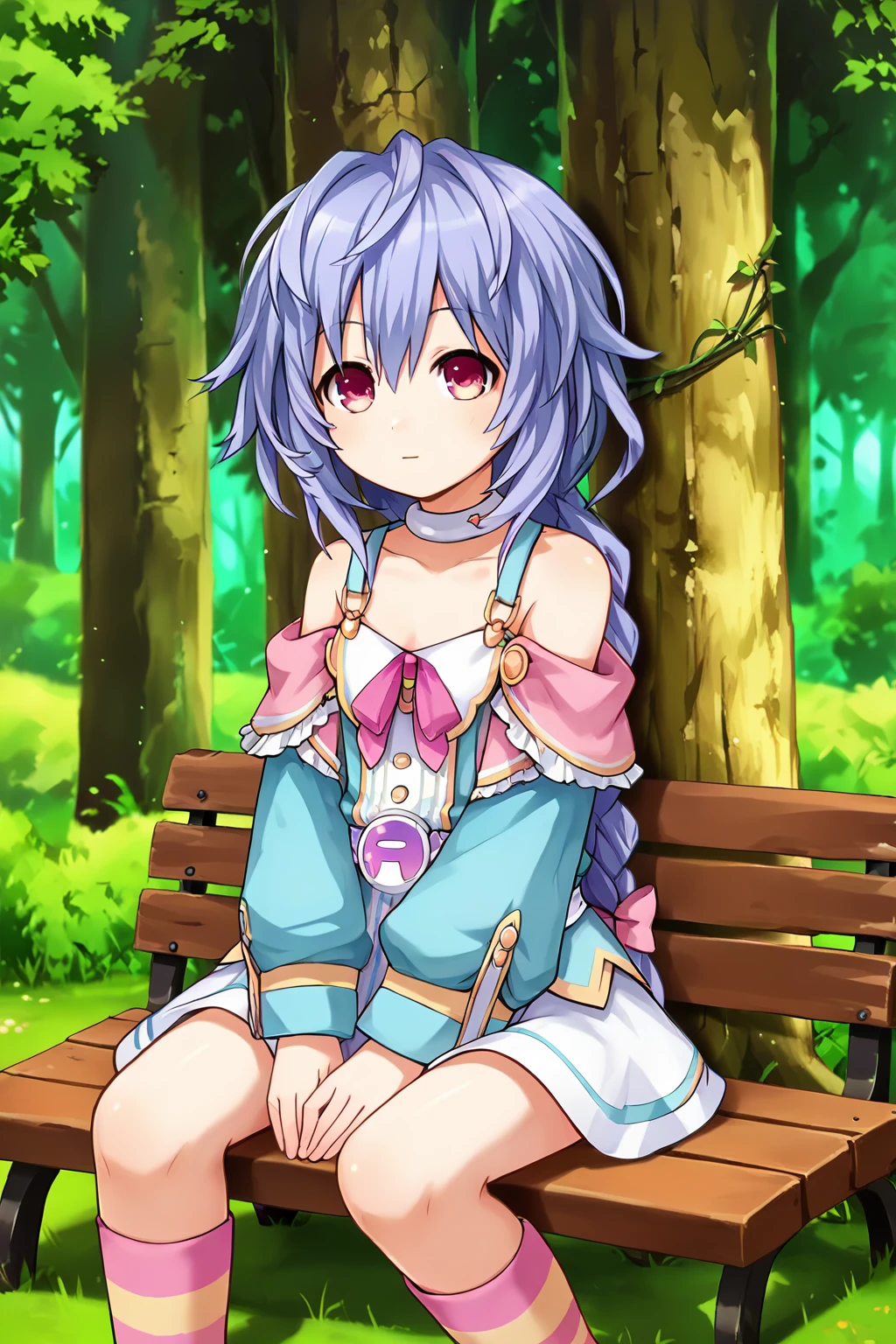 score_9, score_8_up, score_7_up, score_6_up, score_5_up, score_4_up, source_anime, rating_safe, 1girl, plutia, sitting, bench, park, sunny, grass field, round tree