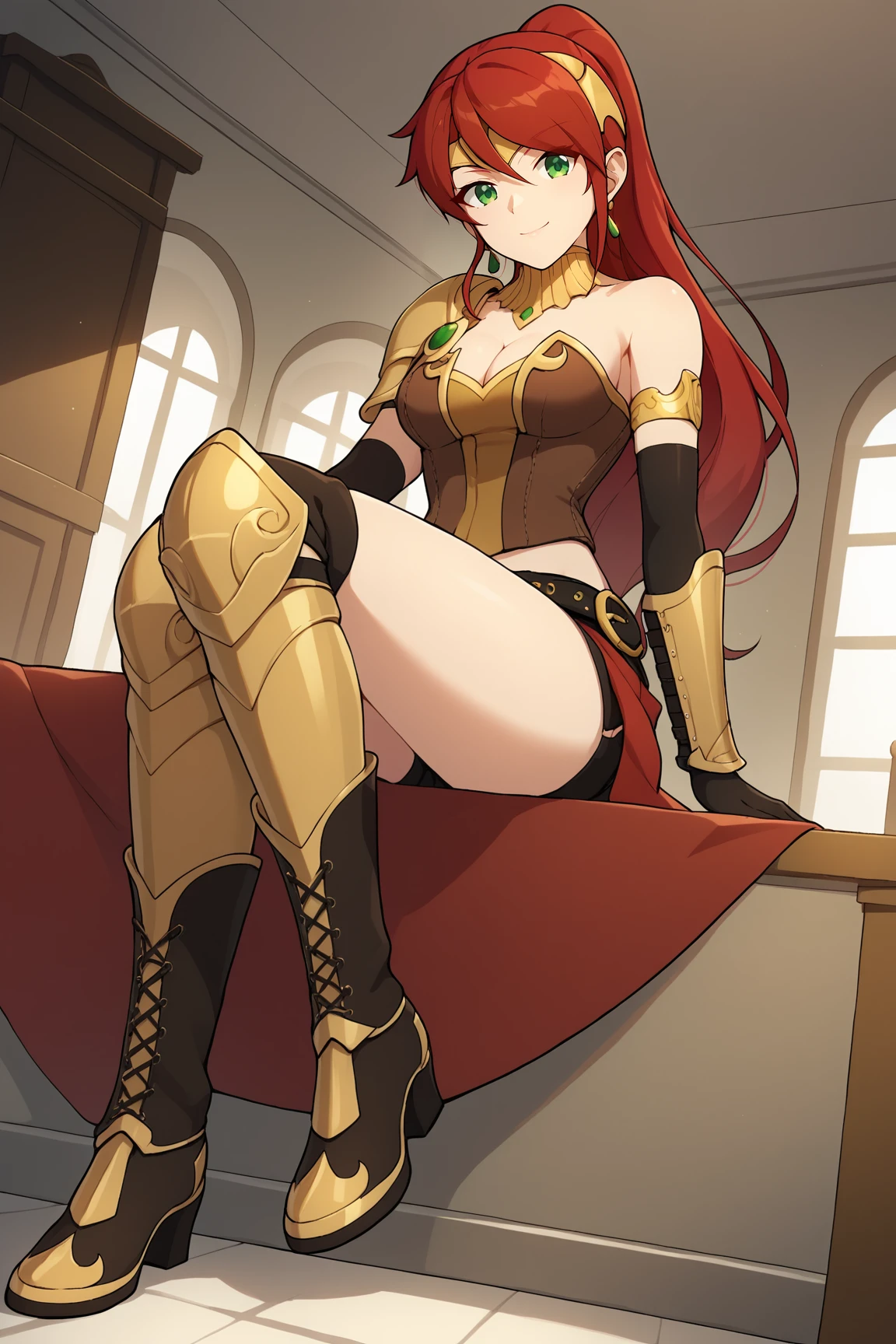 score_9, score_8_up, score_7_up, score_6_up, BREAK, PyrrhaNikosXL, green eyes, red hair, long hair, ponytail, hair between eyes, forehead protector, medium breasts, bare shoulder, gold gorget, cleavage, brown corset, gold armlet, black elbow gloves, single vambrace, black belt, black shorts, red skirt, leg armor, black boots, solo, sitting, boots focus, feet close up, (bellow view), seductive smile, looking at viewer, indoors <lora:PyrrhaNikosXL:0.8>