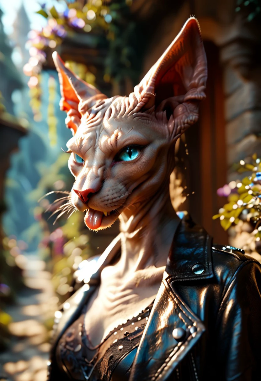 (((beautiful, detailed, high quality))), ((upper body)), score_9, score_8_up, score_7_up, tabaxi, tabaxi sphynx, 1girl, blue feline eyes, black leather jacket, black top, looking at the viewer, :3, cute, small tongue, teasing, flirty, blurred background, blurred fantasy background,