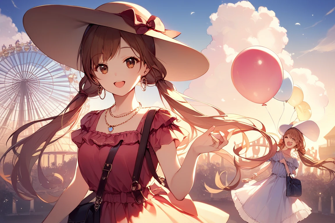 score_9, score_8_up, score_7_up, highres, (best quality:1.1), masterpiece, absurdes, long hair, looking at viewer, smile, open mouth, bangs, multiple girls, brown hair, hat, dress, twintails, brown eyes, jewelry, earrings, outdoors, sky, solo focus, day, cloud, 1girl, necklace, bag, blue sky, faceless, sun hat, balloon, faceless female, ferris wheel, hojo karen