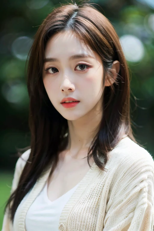 masterpiece, best quality, ultra-detailed, ultra high res, (photorealistic:1.4), raw photo, (realistic:0.2), 8k HDR, realistic lighting, 1girl, solo,  asymmetrical hair, outdoors, bokeh, (detailed lips), (detailed pores), (detailed skin textures), (detailed face:1.2), (upper body:1.3), cardigans, standing,