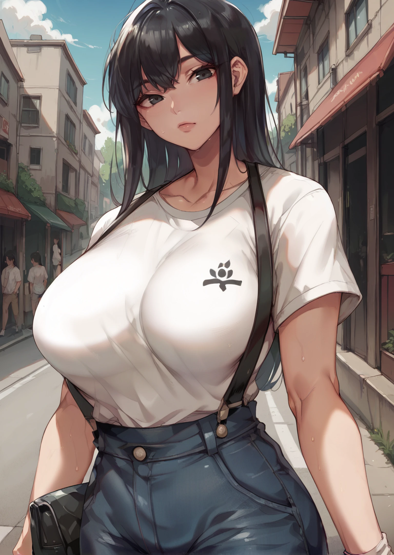 kamabokostyle,naokolynus,1girl,large breasts,black hair,bangs,long hair,black eyes,solo,tenis clothes,outdoor,street,<lora:NaokoLynusPony:0.4>,score_9,score_8_up,score_7_up,score_6_up,score_5_up,<lora:add-detail-xl:0.3>,<lora:Perfect Hands:1>,<lora:KamabokoStylePony:0.8>,