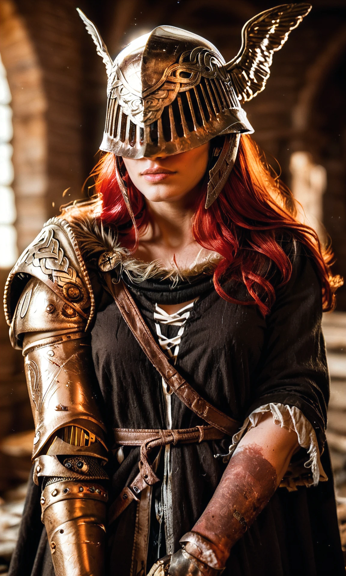 score_9, score_8_up, score_7_up, BREAK, zy_malenia, 1girl, long hair, red hair, helmet, covered eyes, prosthesis, sword, cape, prosthetic arm, winged helmet, portrait, realistic, photo, real hair, detailed skin, medieval fantasy, dungeon, rot, highly detailed, detailed skin, depth of field, film grain, <lora:zy_Malenia _PonyRealism_v1:0.7>