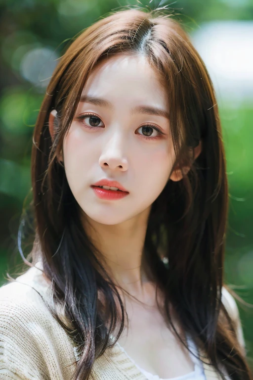 masterpiece, best quality, ultra-detailed, ultra high res, (photorealistic:1.4), raw photo, (realistic:0.2), 8k HDR, realistic lighting, 1girl, solo,  asymmetrical hair, outdoors, bokeh, (detailed lips), (detailed pores), (detailed skin textures), (detailed face:1.2), (upper body:1.3), cardigans, standing,