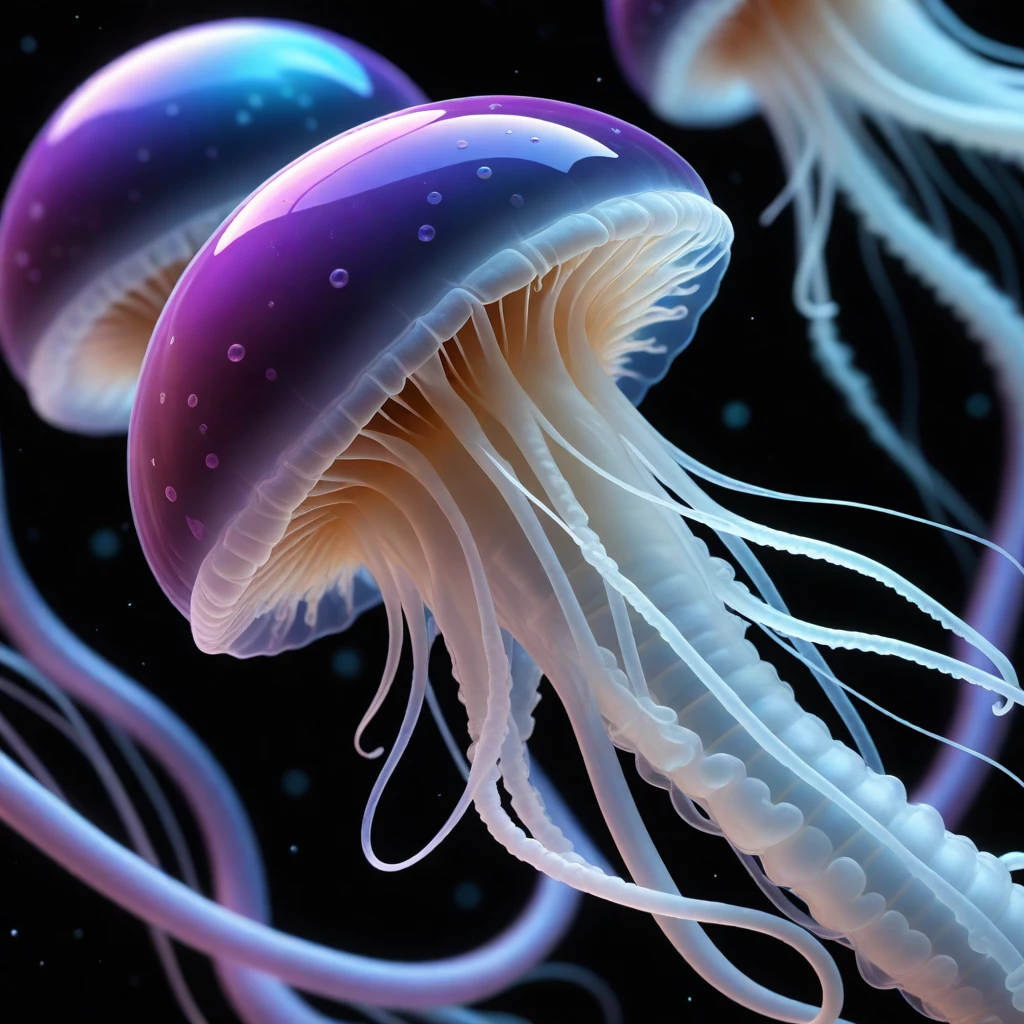 (Hyperrealistic_Trompeloeil1|Ambient_Occlusion|3D_anamorphic_Trompeloeil_Style1|Vibrant_Shot_of1:1.2) A jellyfish composed of swirling galaxies, within a microcosm of a DNA helix. Photorealistic detail, seamless integrated elements, perfect lighting and shadows. (Surrealism:1.4), (Hyperrealism:1.2), (Trompe_l'oeil:1.5), ultra-high contrast, vivid colors, impossibly crisp focus, cinematic composition