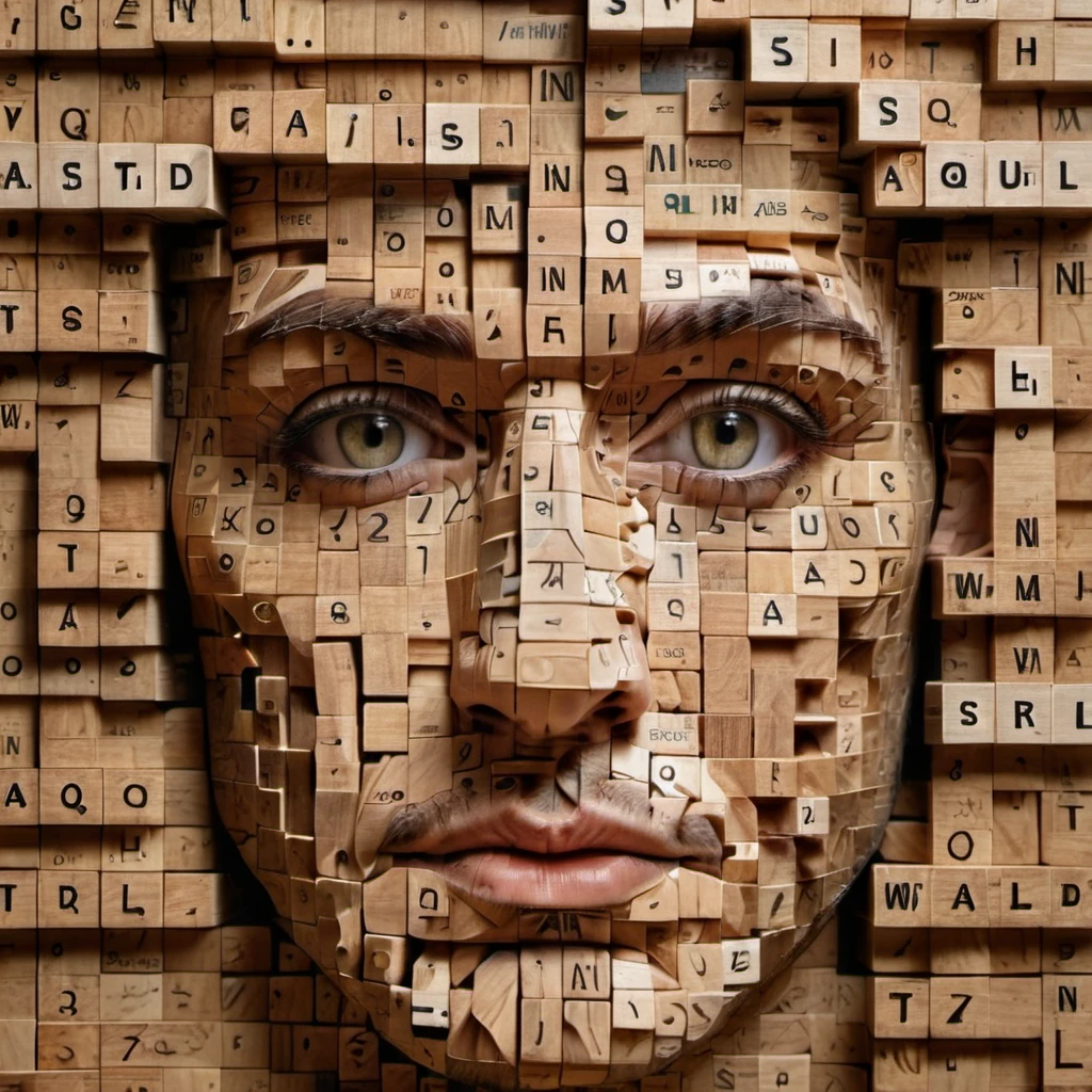 close up of A man face made out of scrabblestyle    , <lora:scrabblestyleXL_LoRA:1>