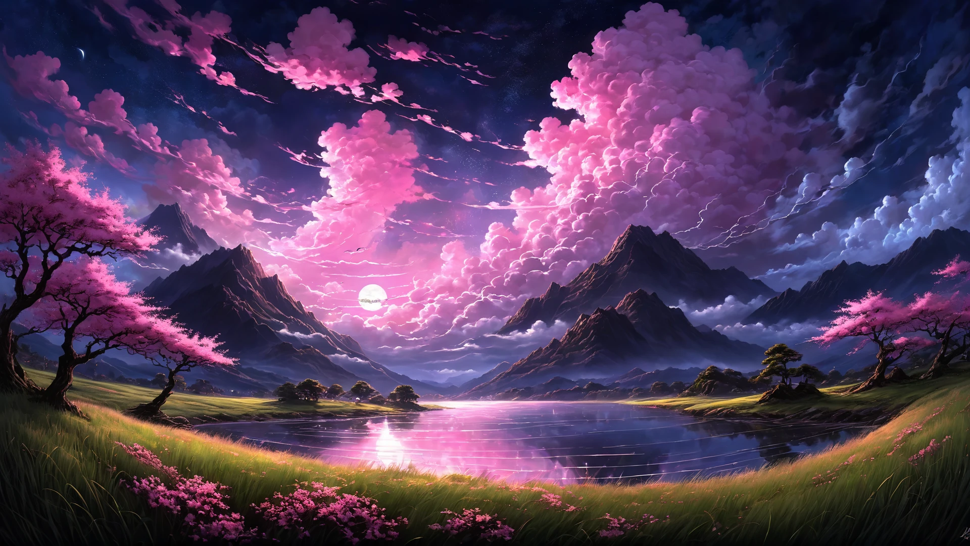 the storm is brewing in the sky, pink glow, sakura, (whirlwind of clouds), (night), slight fog, rain, (clouds spinning), (fisheye lense), moonlight, (tall grass), (very strong wind), (mountaintops), (busy clouds), atmospheric, (reflections), romantic impressionism, epic scenery art, beautiful oil matte painting, intense, beautiful digital painting, anime landscape, epic painting, dreamlike digital painting, colorful painting, beautiful gorgeous digital art