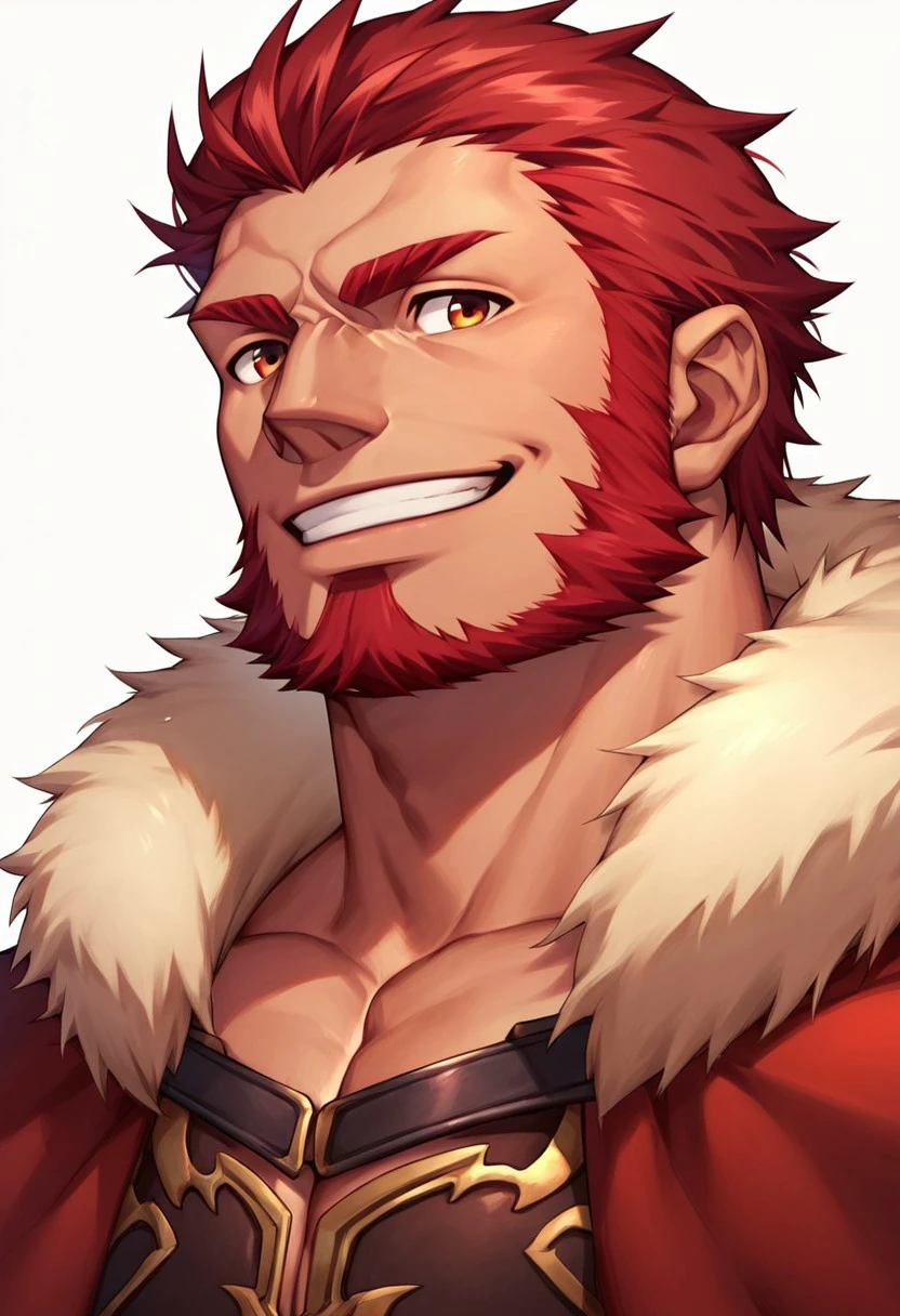 score_9, score_8, score_7_up, bara, male focus
1 man, red hair, goatee, beard, muscular, fur, cape, armor, portrait, smile