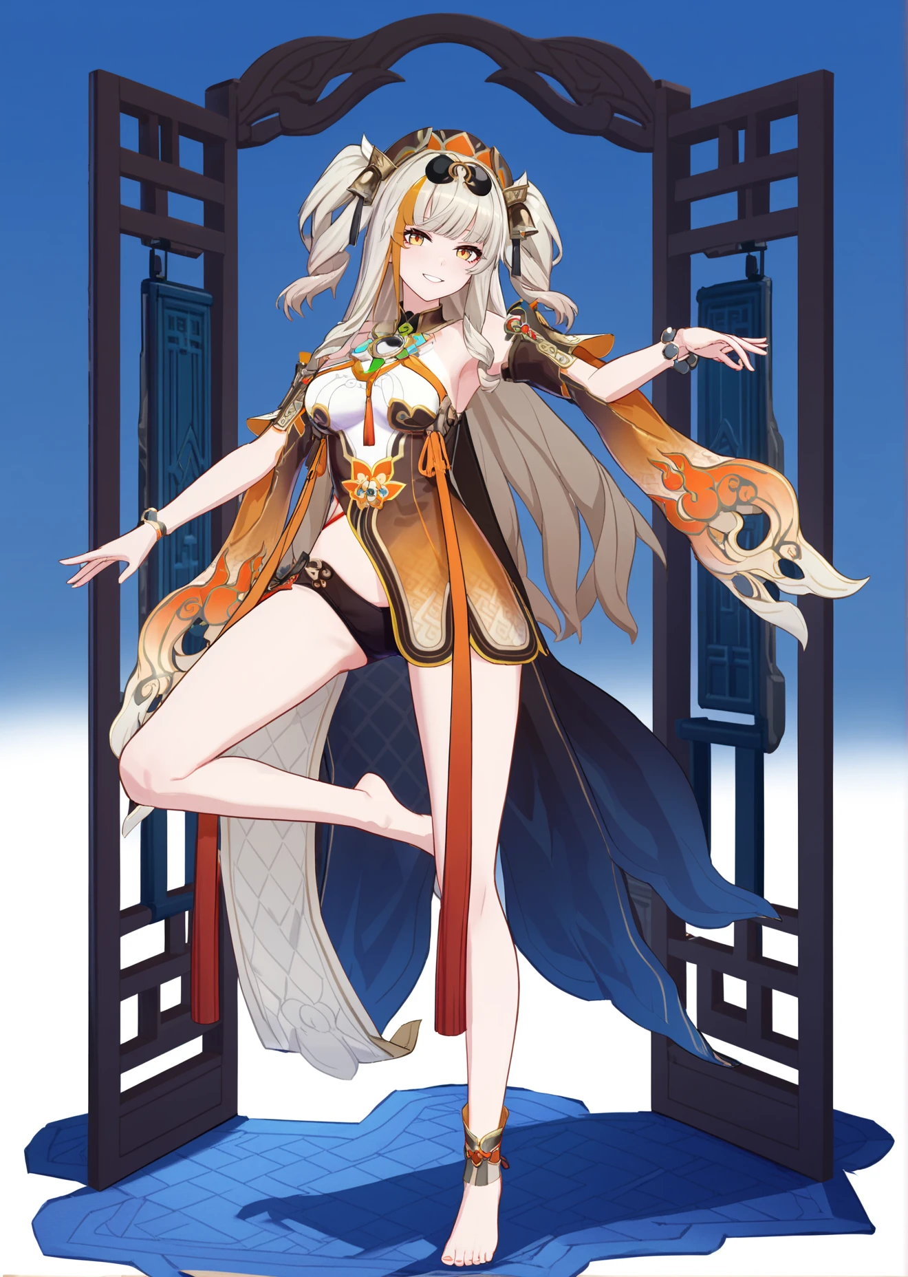 Anime - Chinese woman standing in unreal space in sexy hanfu and armor, seductive anime girl, sexy ancient female warrior, full body details, (big breasts 1.4), (long legs 1.1), [ 4 k digital art ]!, smooth anime CG art, female action anime girl, shiny white skin, SFW version, full body pose, perfect body