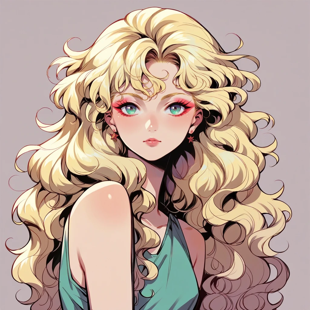 score_9, score_8_up, score_7_up, score_6_up, score_5_up, makeup, wavy hair, <lora:v1nv1xXLP:1> v1nv1x, 1girl, blonde hair, curvy, looking at viewer, 1980s, bangs