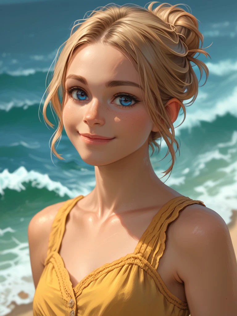 score_9, score_8_up, score_7_up, BREAK, solo,  blue eyes,  marion_rousse, yellow dress, hair bun, on the beach, tide waves, detailed background, fit,  cute smile <lora:marion_rousse_xl:0.9>