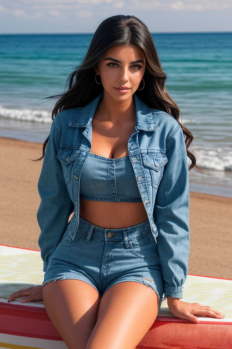 Create a super realistic image of a young woman, with long, wavy red hair. She is wearing a stylish and modern outfit, similar to a short, tight dress with denim details and black high-heeled boots. In another version, she wears a short white blouse and a denim skirt. In all versions, the woman wears accessories such as bracelets and earrings. Her look is striking, with makeup highlighting her eyes. The pose is confident and powerful.

The scene takes place on Porto de Galinhas beach, in Recife, Pernambuco. The background should show the beautiful landscape of the beach, with crystal clear waters and white sand. Sunlight should illuminate the scene, highlighting the natural beauty of the place and the woman. The image must capture both the elegance of the woman and the serenity and beauty of the beach, creating a harmonious contrast between urban fashion and tropical nature."