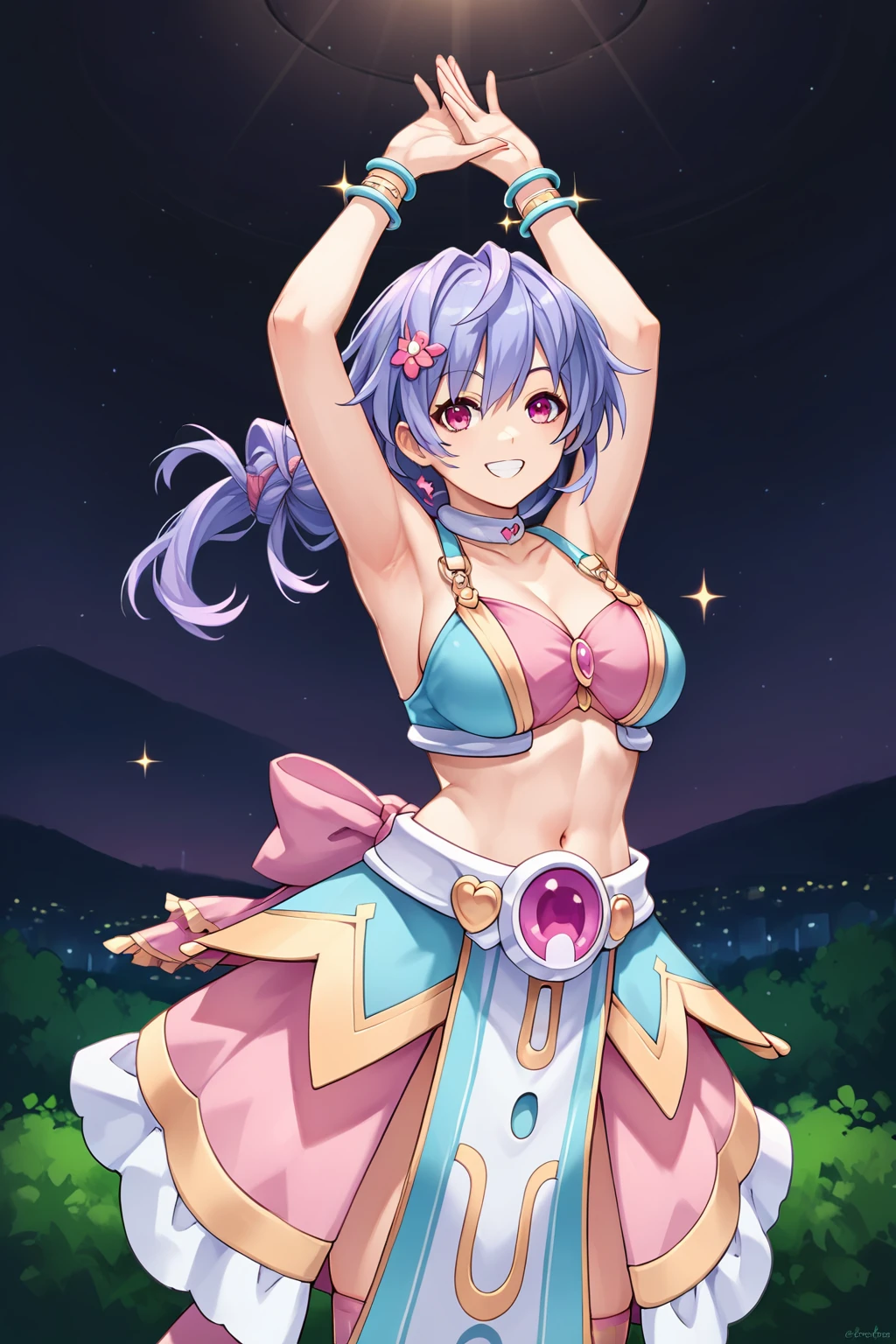 score_9, score_8_up, score_7_up, score_6_up, score_5_up, score_4_up, source_anime, rating_safe, 1girl, plutia, large breasts, exotic dress, rainbow dancer attire, dancing, smile, night stage, lights, bright, sparkles