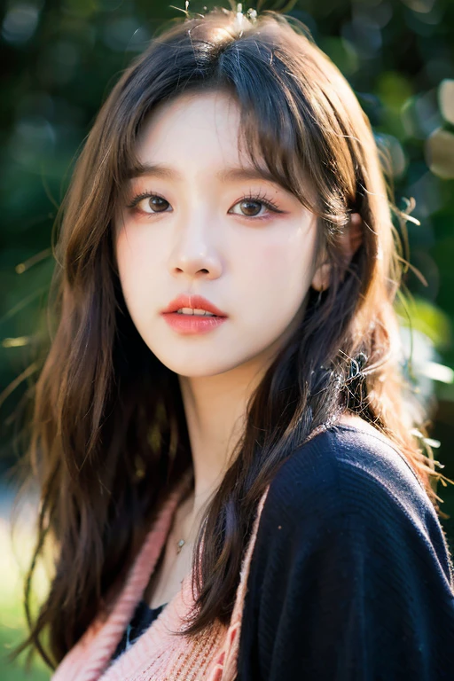 masterpiece, best quality, ultra-detailed, ultra high res, (photorealistic:1.4), raw photo, (realistic:0.2), 8k HDR, realistic lighting, 1girl, solo,  asymmetrical hair, outdoors, bokeh, (detailed lips), (detailed pores), (detailed skin textures), (detailed face:1.2), (upper body:1.3), cardigans, standing,