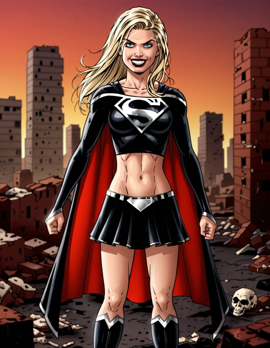 dark supergirl in front of a destroyed building, , ((black supergirl suit)), black cape, boots, blonde hair, midriff, shiny skin,  laughter, smiling, evil, villain, ((solo)). skull in her hand, rubble, dead bodies