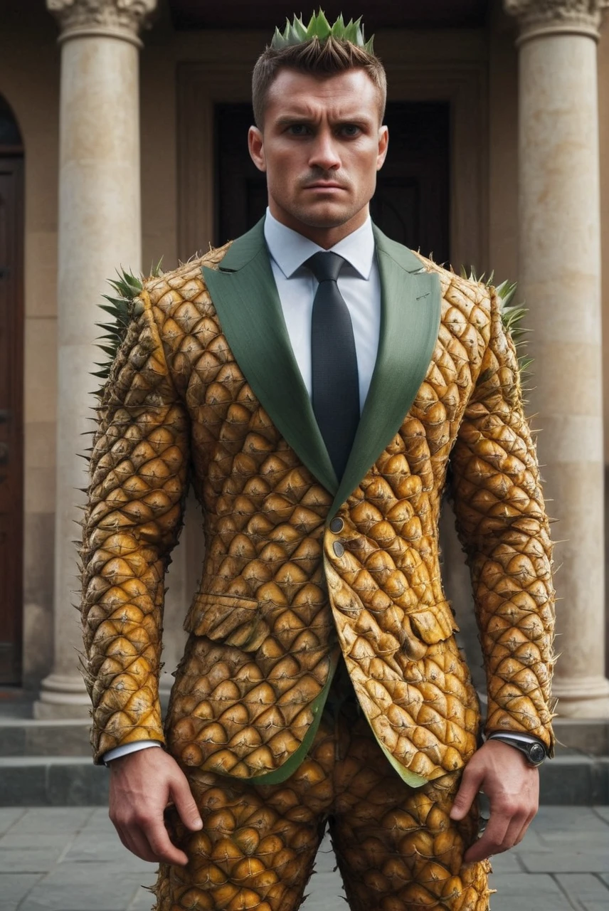 A muscular manwith a suit made out of pineapple stands as a bouncer, blocking the entrance with a menacing presence. (crossed arms:1.5). His bulging muscles strain against the fabric of his suit, enhancing his intimidating appearance. His grim expression and dark, intimidating eyes send a clear message that no one is getting past him. . The scene is intense and foreboding, capturing the essence of an unyielding guardian.
hyperdetailed photography, masterpiece, best quality, high quality, highres, ultra-detailed, best quality, 8K, high resolution, extreme detail
 <lora:PineappleMorph-SDXL-V0.1:1>