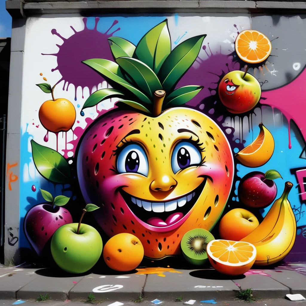 a happy fruit, Jed-Gr4ff1t1  , <lora:GraffitiStyle-000003:0.5> ,