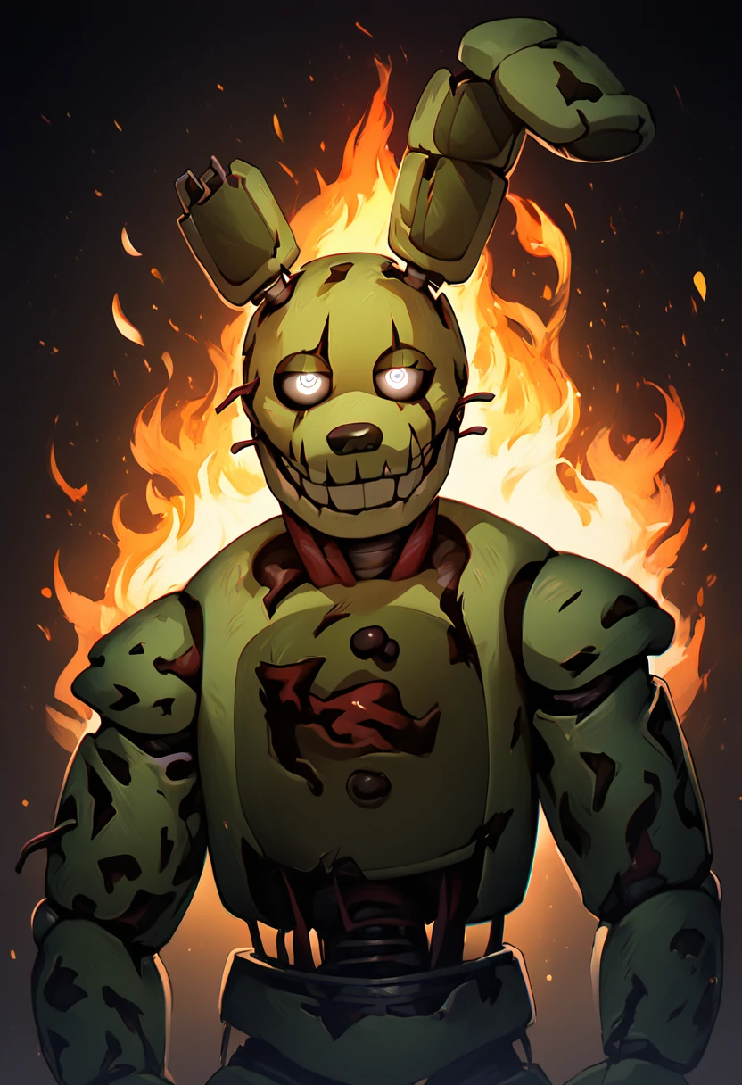 score_9, score_8_up, score_7_up, (masterpiece, amazing quality, best quality, 8k), source_furry, 1boy, solo, FNAF_3, (((springtrap, animatronic))), rabbit, anthro, male, green fur, looking at viewer, nude, chromatic aberration, handsome, dynamic angle, close-up, springtrap, animatronic, dark background, fire, fire particles, light particles, white glowing eyes, detailed eyes, correct eyes <lora:chunie-Pony-XL-v6:0.2> <lora:cr33pp41ntXLP:0.3> <lora:Springtrap_v2_Pony:1>