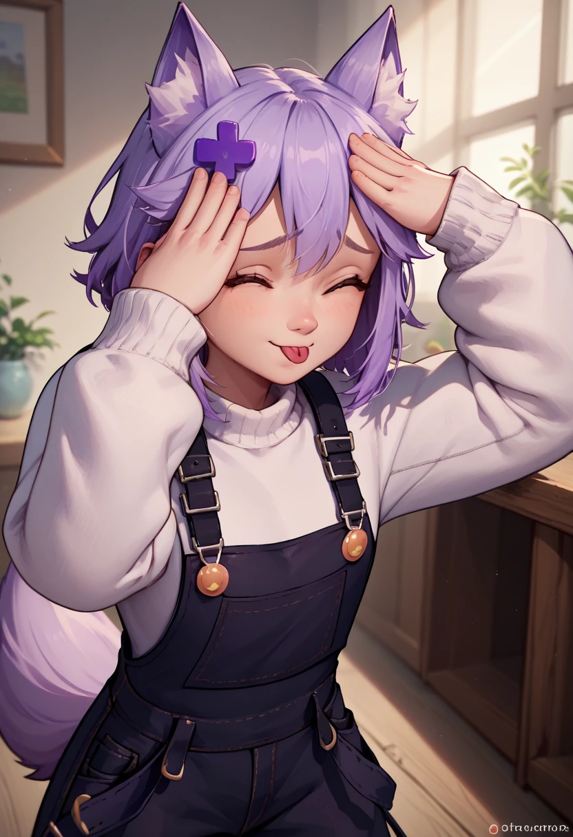 score_9, score_8_up, score_7_up, AhEtoBlehMeme, closed eyes, tongue out, :p, hands on own head, smile, <lora:AhEtoBlehMeme_pdxl_Incrs_v1:1>, FilianOverall, tail, short hair, purple hair ornament, overalls, white sweater, <lora:ChamFilianPonyXL:1>