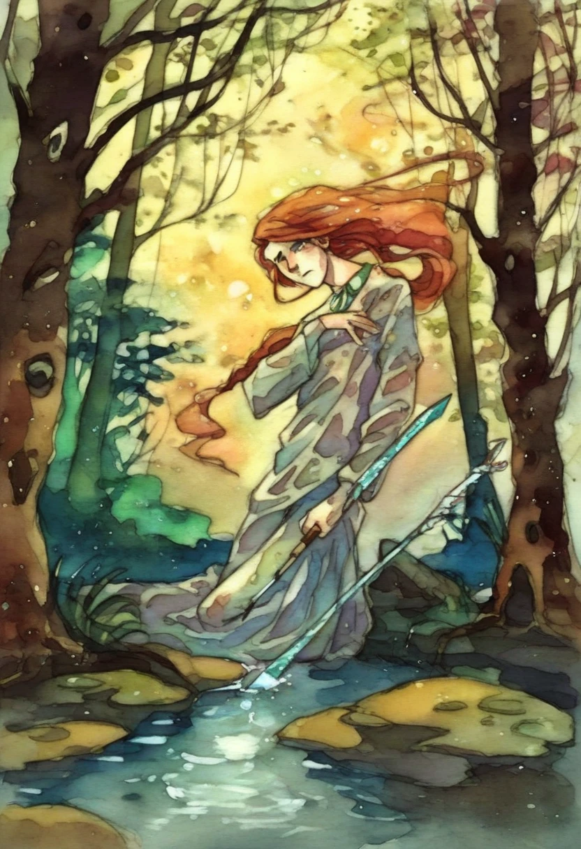 <lora:Rebbecca_Guay_Style:1.25> rebecca_style, fantasy art in watercolor, erotic, sensual, at a swamp, forest, water, lots of vegetation, score_9, score_8_up, score_7_up, score_6_up, score_5_up, score_4_up, hd, (ultra hd quality details), 8K, 2d illustration, intricate detail, extremely detailed, gloomy colors, dark aura, horror, dragoon holding a spear, rating_explicit, titan