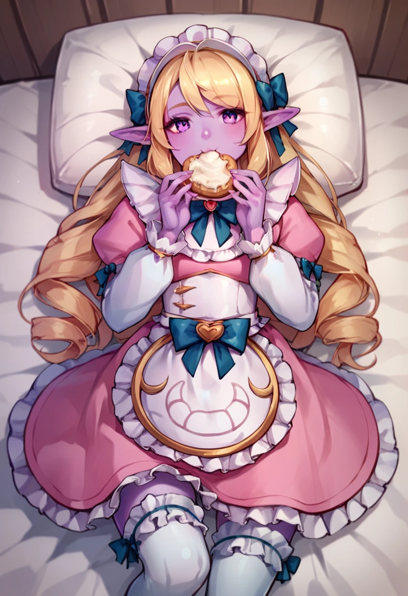 <lora:Cafe_Cuties_Soraka:0.8> 1girl, solo, ccsoraka, purple skin, pink maid, blonde hair, pointy ears, frilled thighhighs, on bed, cowboy shot, eating, on back, from above, score_9, score_8_up, score_7_up, score_6_up, score_5_up, score_4_up,