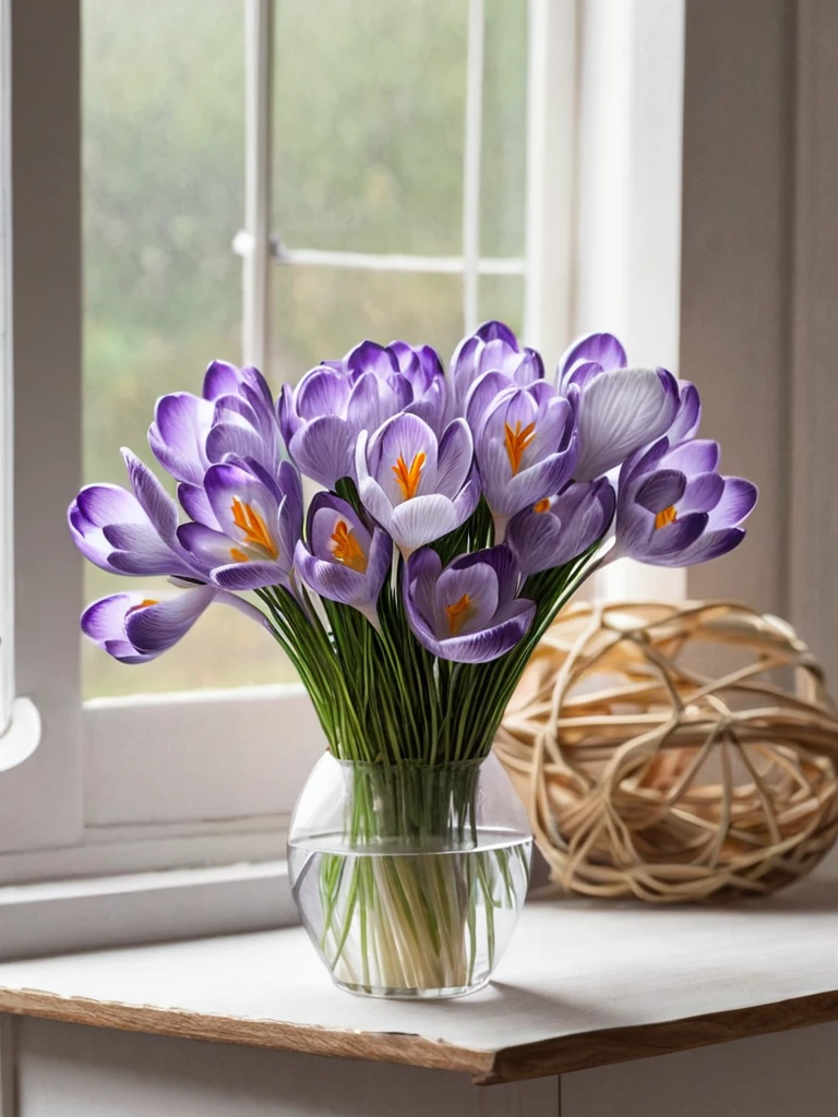 detailed,  crocus by ingrid-elias-style in a white flower vase, in a room, sitting on a table with a  window in one wall<lora:ingrid_elias_style:0.8>