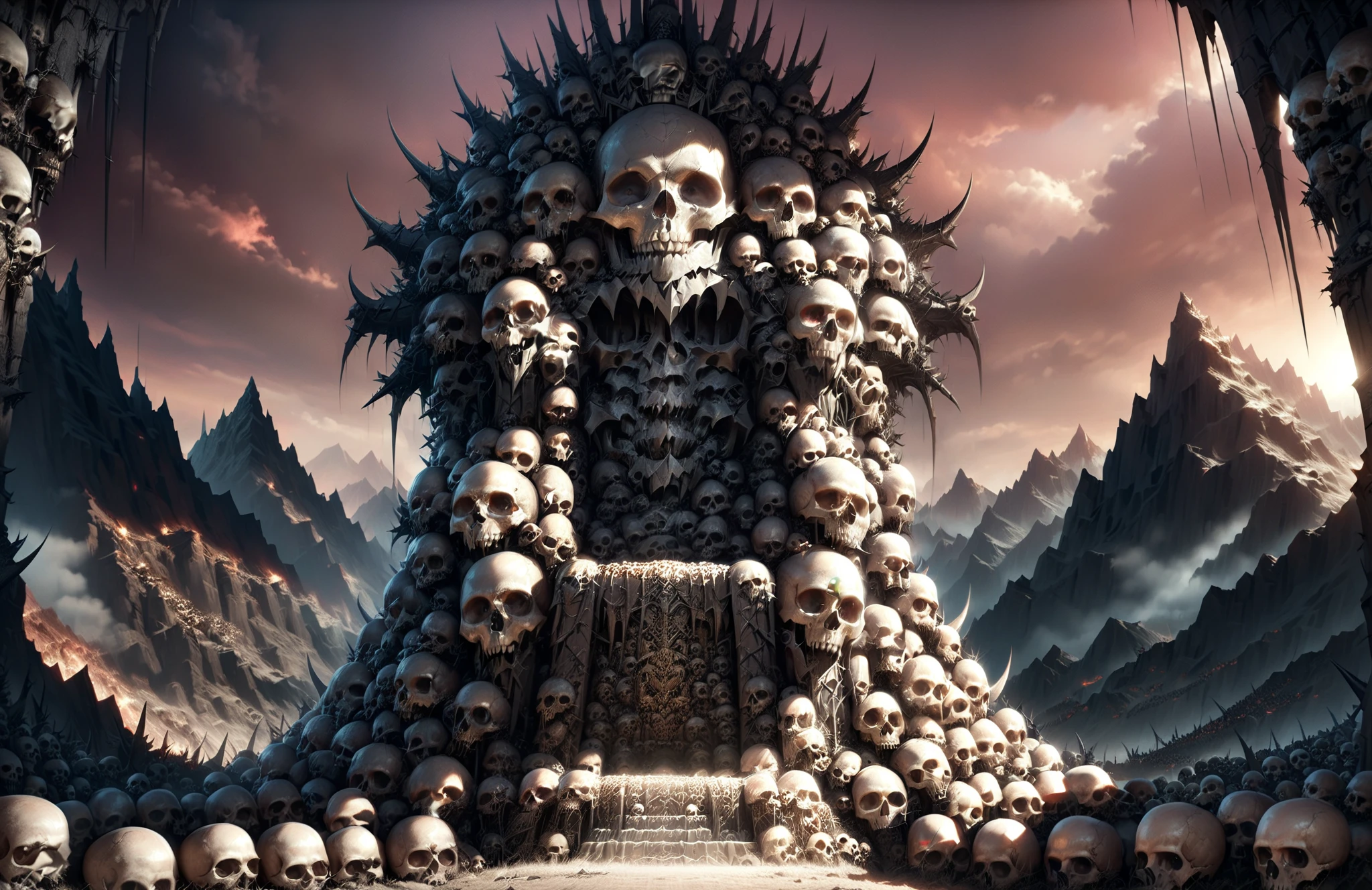 <lora:Skulls for the Skull Throne:1>,Skulls for the Skull Throne,(There is a huge throne on a mountain made of countless skulls.:1.5),a dim sunset behind,spikes and thorns,mountain top,wasteland,(long shot:1,wide shot:1),RAW photo,best quality,(realistic, photo-realistic:1.3),masterpiece,extremely detailed,an eerie atmosphere,<lora:add-detail-xl:1>,<lora:great_lighting:0.75>,