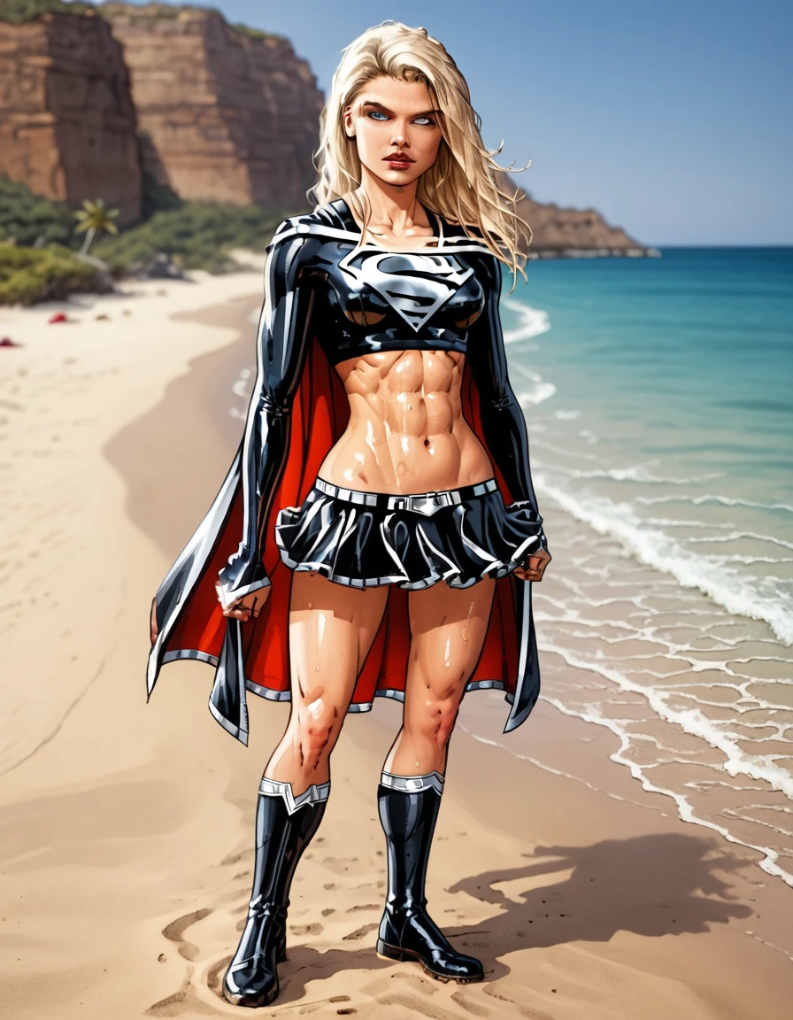 dark supergirl on the beach, ((black supergirl suit)), black cape, boots, blonde hair, midriff, shiny skin, oiled abs, skirt, ((solo)).