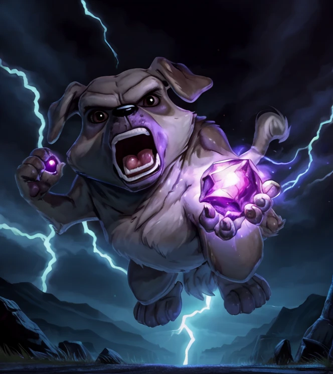 <lora:Monroe:1>  <lora:FeralFootV4:1> feralfoot, feral, monroe, dog, solo, animal focus, holding a large glowing purple gem, holding gem in paw, lightning coming from gem, epic fight, cinematic perspective, open mouth
setting: outside, cool lighting, <lora:Furtastic_Detailer:1>